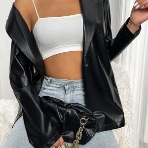 lapel collar single button pu leather blazer